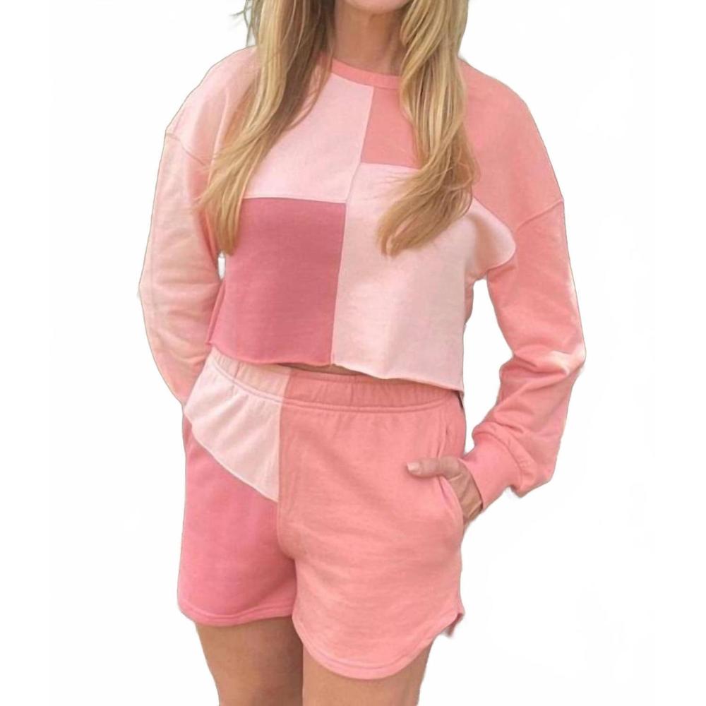 NEW LA SOCIETY colorblock patchwork long sleeve top and shorts set in pink